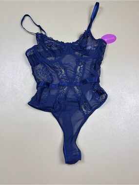 Avidlove Lace Bodysuit Blue Sheer Teddy Lingerie Underwire Thong M NWT